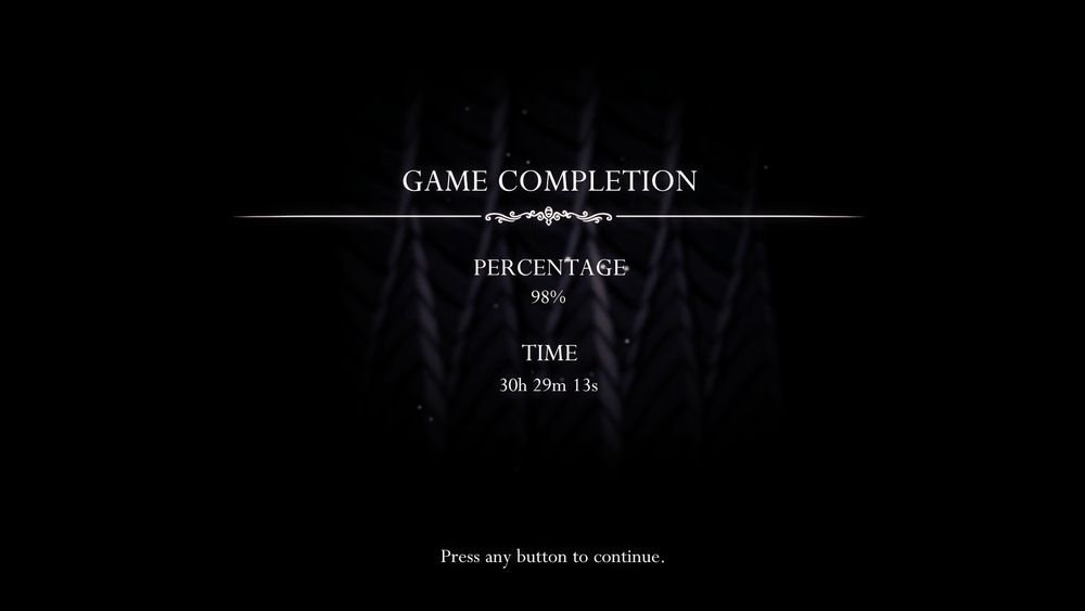 hollow knight completed

98% completion

30h 29m 13s