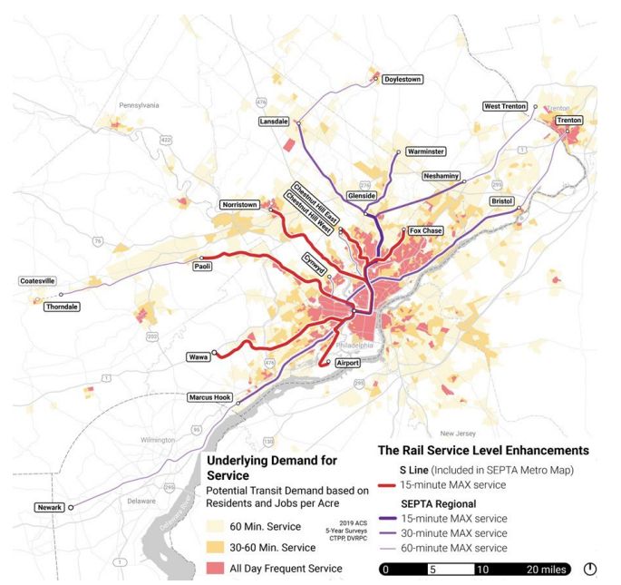 Rail Service Level Enhancements map of SEPTA regional rail, showing most lines getting 15 minute service