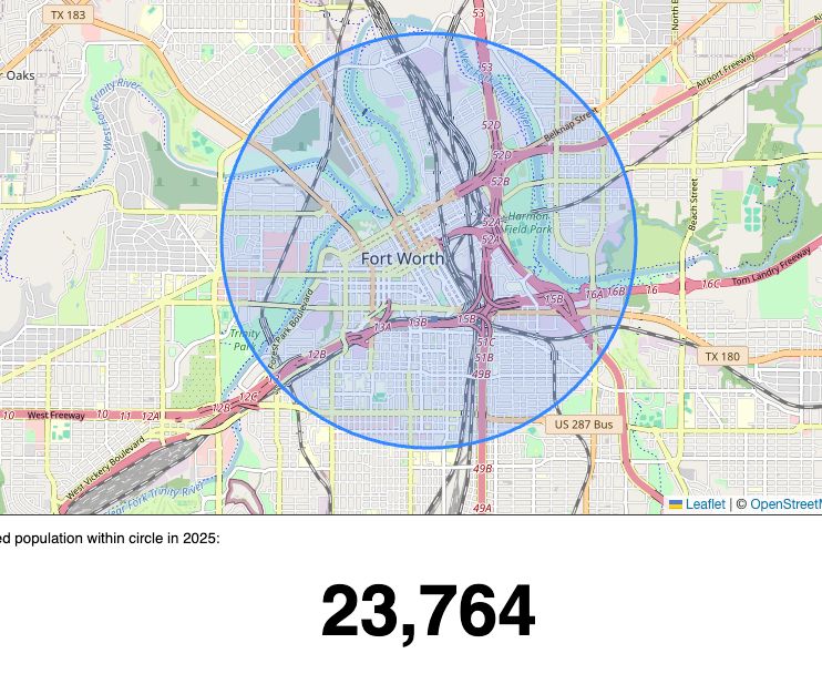 3km circle around Fort Worth showing a population of 23,764