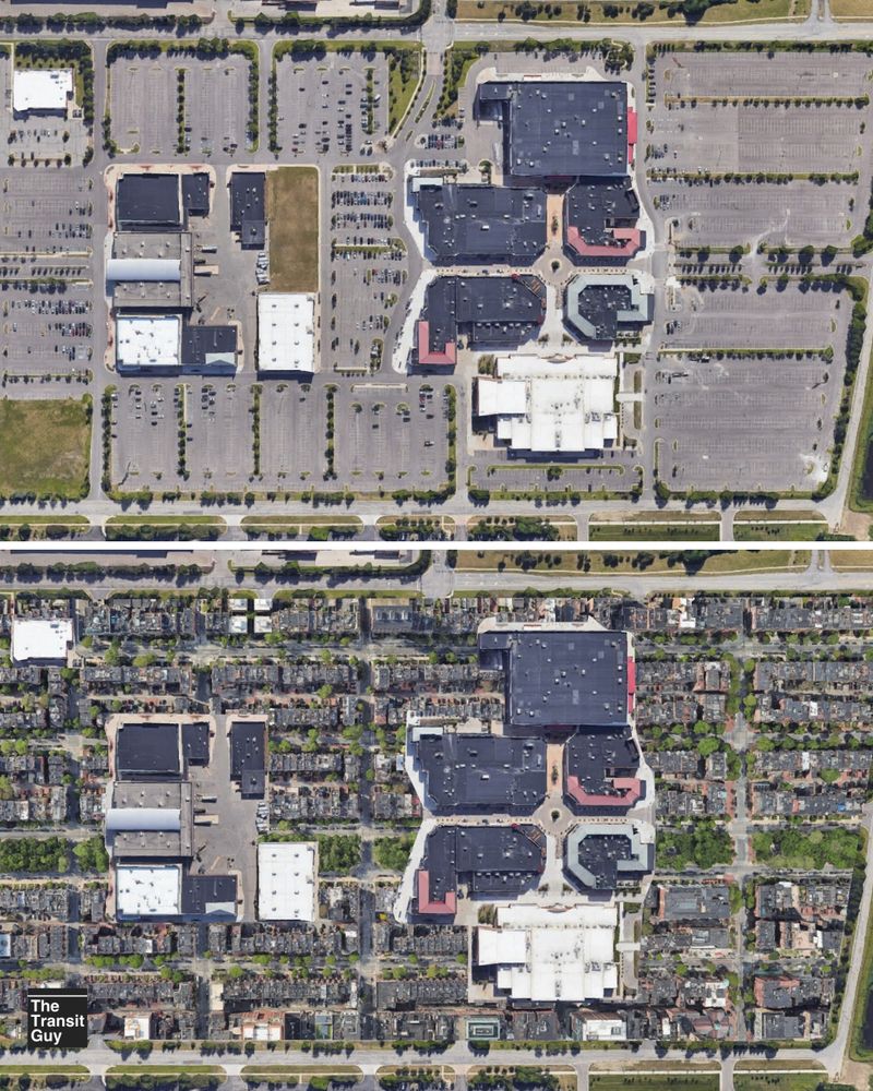 before and after of a suburban shopping center with a massive parking lot replaced with back bay housing superimposed onto it. 