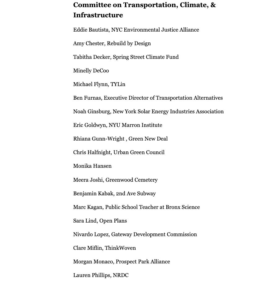A text list titled “Committee on Transportation, Climate, & Infrastructure” followed by approximately 35 committee members and their affiliations. The names include representatives from environmental justice organizations, design and planning nonprofits, academic institutions, transit advocacy groups, labor unions, climate policy organizations, and city-focused alliances. Notable affiliations include NYC Environmental Justice Alliance, Rebuild by Design, Spring Street Climate Fund, TYLin, Transportation Alternatives, NYU Marron Institute, Green New Deal, Urban Green Council, Greenwood Cemetery, 2nd Ave Subway, Gateway Development Commission, Prospect Park Alliance, NRDC, Riders Alliance, PSC-CUNY, Climate Jobs NY, TWU, Kinetic Communities Consulting, Bronx River Alliance, Teamsters Local 831, WE ACT, Three Cairns Group, Waterfront Alliance, Regional Plan Association, PULP, and New York Lawyers for the Public Interest.