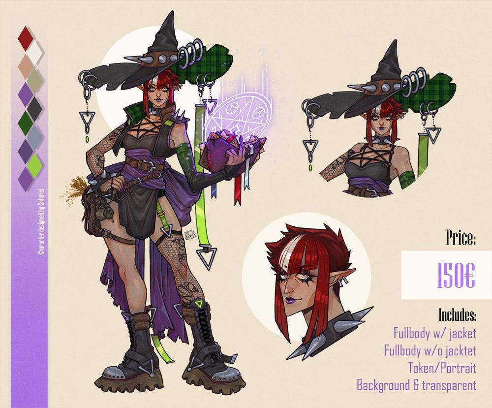 A reference sheet image of a short red haired woman witch with a punk inspired outfit and a spellbook.
