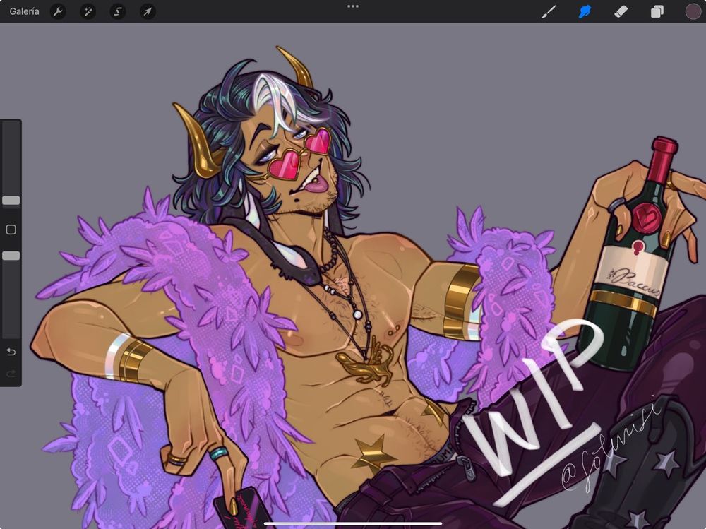 A flat colored image of a man with no shirt wearing heart shaped pink glasses and feather boa while holding a wine bottle
