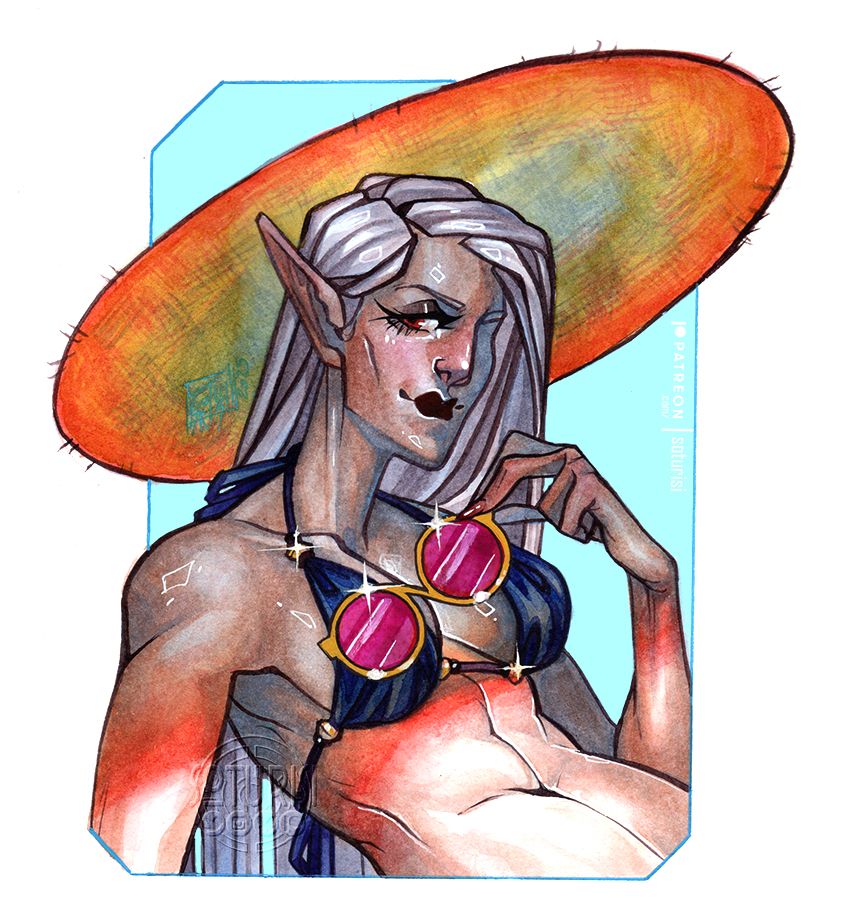 a pale skin woman with white hair, wearing a blue bikini and a big hat under the sun
