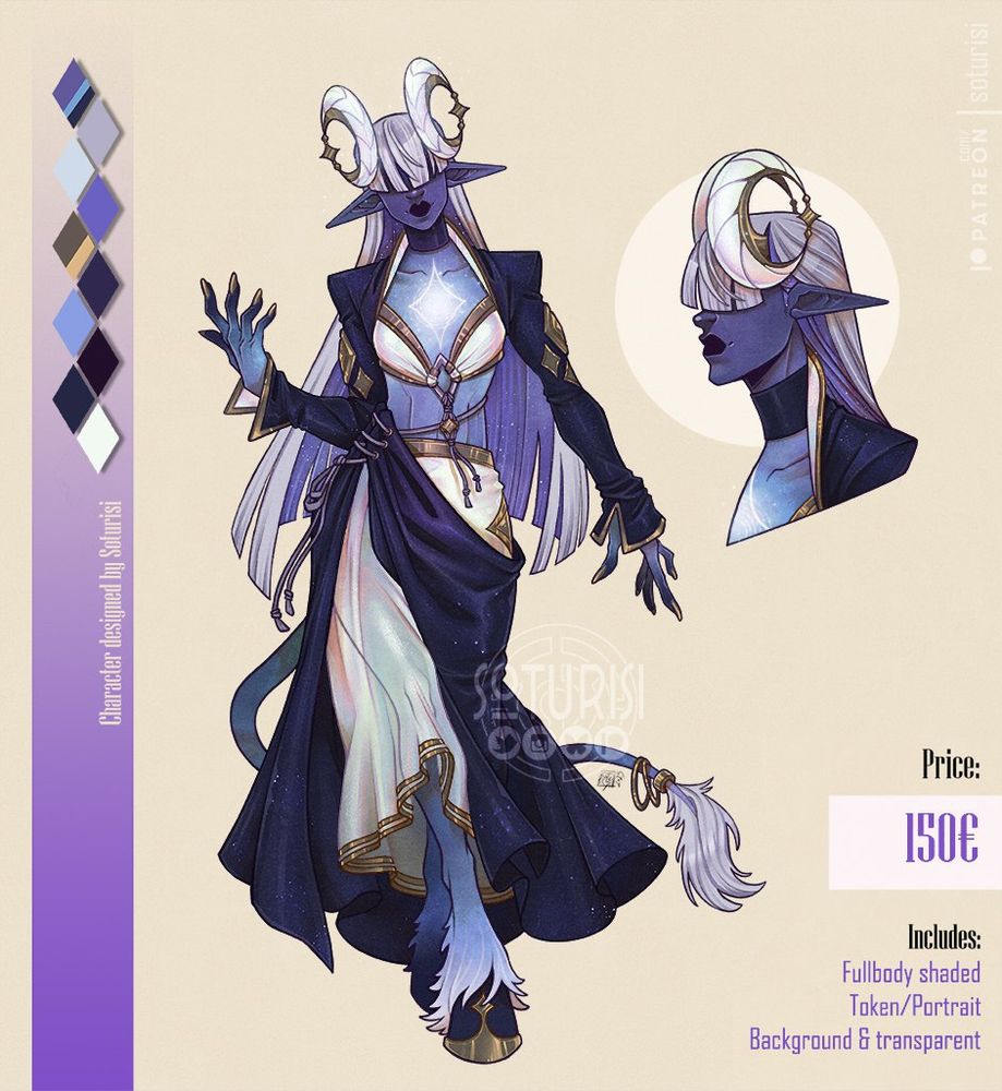A character with long hair and crescent moon shaped horns. Has hooves, galaxy textured skin and a long tail 