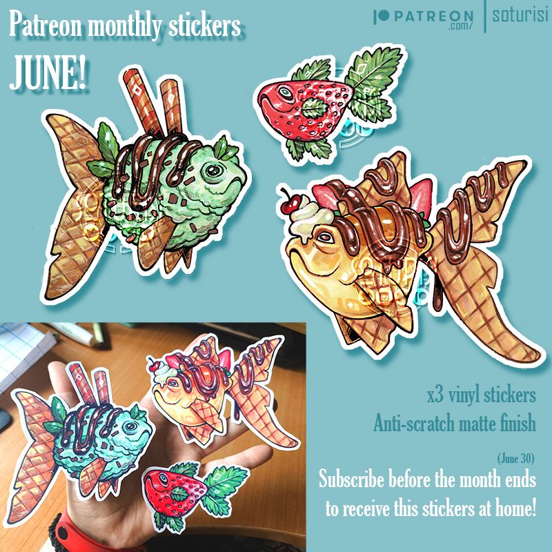 Set of three vinyl stickers with anti scratch matte finish featuring delicious and colorful dessert fishes! :D 