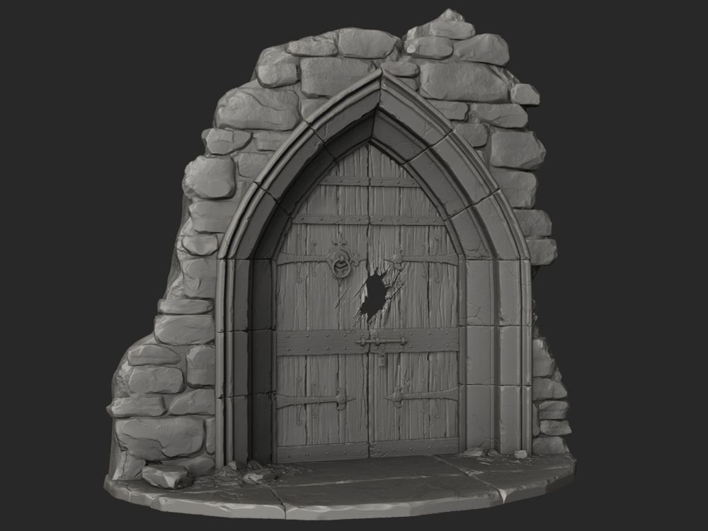 3D render of a medieval style castle door with a hole tearing through the wood.