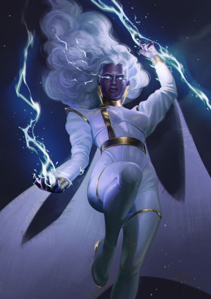 Illustration of Marvel's character Storm in her classic white Xmen uniform descending from the night sky with lightning forming on her hands, light up eyes and hair flowing behind her like a cloud.
#marvel #storm #xmen #illustration