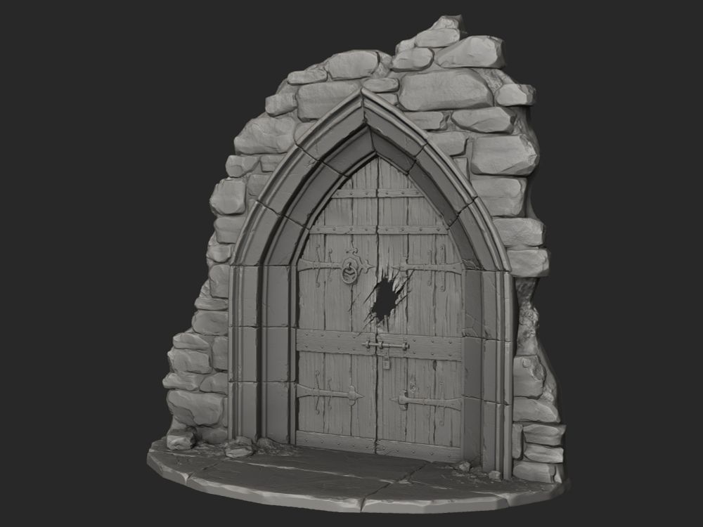 3D render of a medieval style castle door with a hole tearing through the wood.