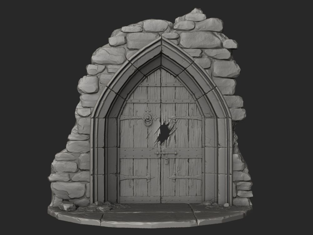 3D render of a medieval style castle door with a hole tearing through the wood.