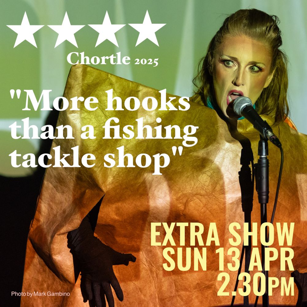 Middle-aged redheaded cabaret underling dressed in a giant paper lunch bag. Text (4 stars) - "More hooks than a fishing tackle shop"