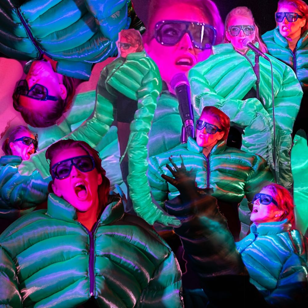 A collage of the artist performing in an oversized green puffer jacket with long extendable arms