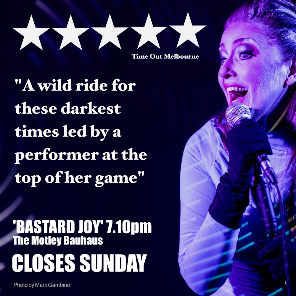 Redheaded woman singing wearing blue dress, bathed in blue light. Text reads ‘5 Stars - Time Out Melbourne - A wild ride for these dark times led by a performer at the top of her game”
