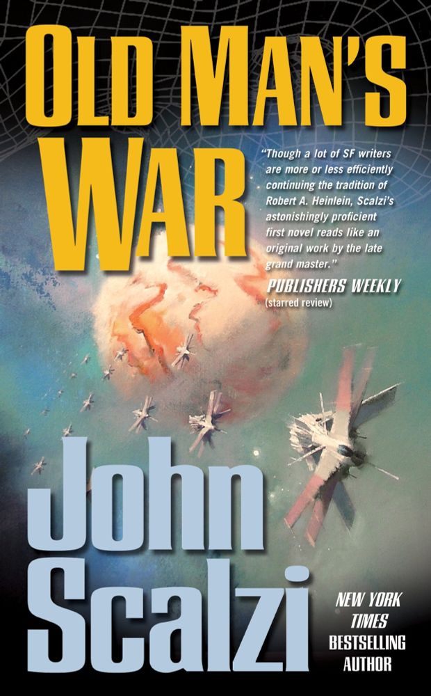 Cover for the paperback of Old Man's War by New York Times bestselling author John Scalzi. A number of spaceships are shown in formation about an orange-and-white planet.
"Though a lot of SF writers are more or less efficiently continuing the tradition of Robert A. Heinlein, Scalzi's astonishingly proficient first novel reads like an original work by the late grand master." - Publishers Weekly (starred review)