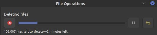Progression opération de suppression, on est déjà à 106000 fichiers et la barre est à 1/5