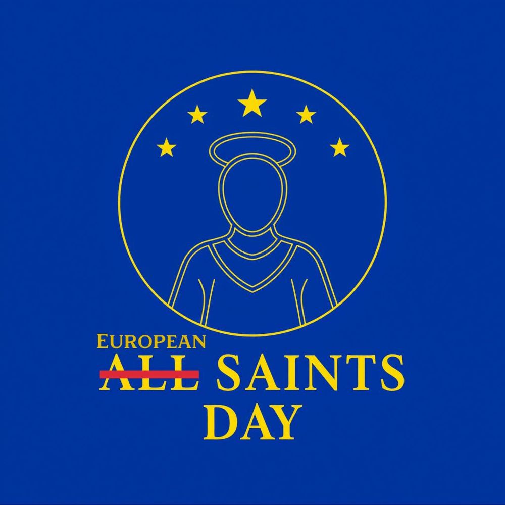Eine stilisierte Heiligenfigur auf einem Hintergrund im Blau der EU und einigen goldene EU-Sterne