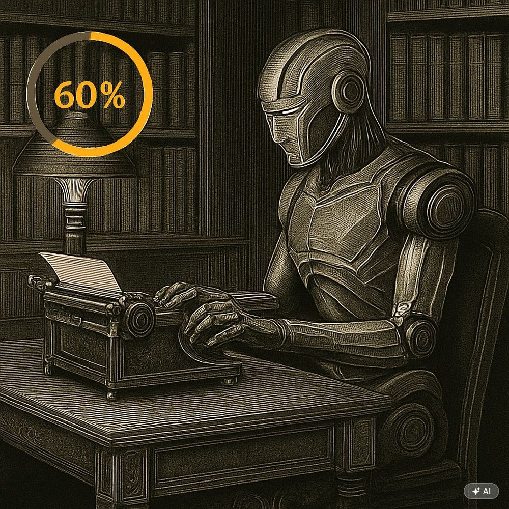 Ein Roboter schreibt auf einer altmodischen Schreibmaschine.