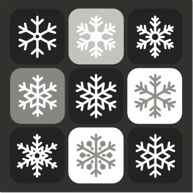 9 stilisierte Schneeflocken, schwarzweiss