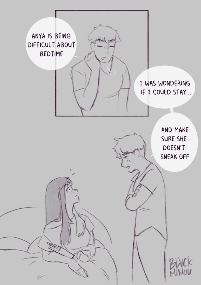 Page 2, Loid looks tired, with his arms crossed he talks to Yor who is sitting on her bed. Dialogue: Loid: *sighs* 'Anya is being difficult about bedtime' 'I was wondering if I could stay and make sure she doesn't sneak off.'