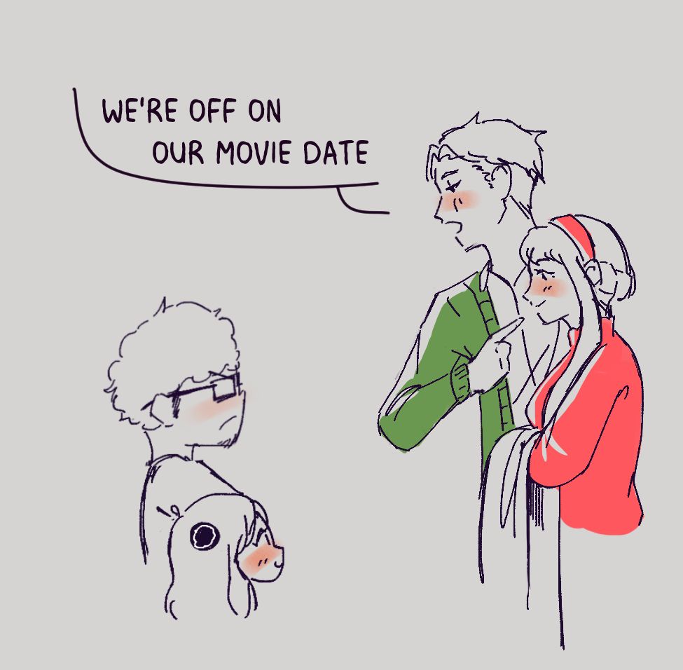 Speech bubble says 'We're off on our movie date'. A panel showing Loid and Yor forger on their way out, talking to Frankie and Anya. Loid and Yor's clothes have color detail in green and red respectively