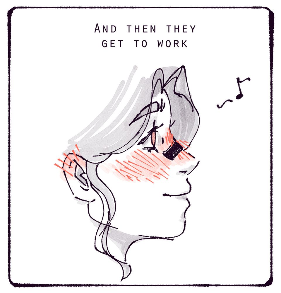 Text says 'And then they get to work.' Panel shows a close up on the woman's face, she's feigning ignorance while she looks away, face and ears blushed but happy and smiling
