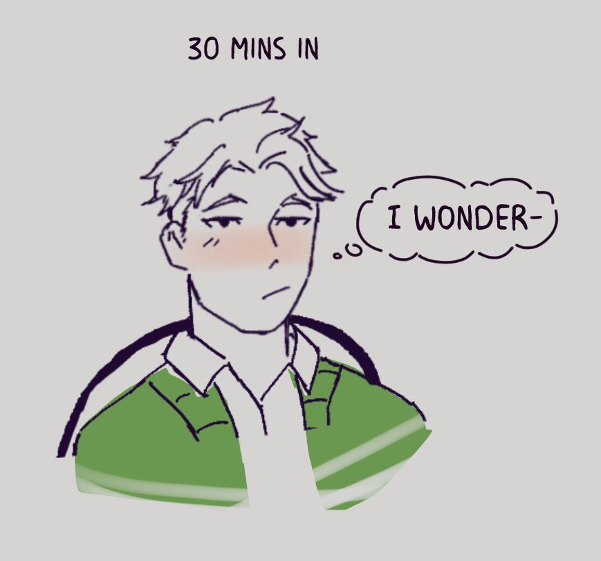 Thought bubble says 'I wonder-' for Loid. Text says '30 minutes in'. A panel showing a close up of Loid still with the same relaxed face