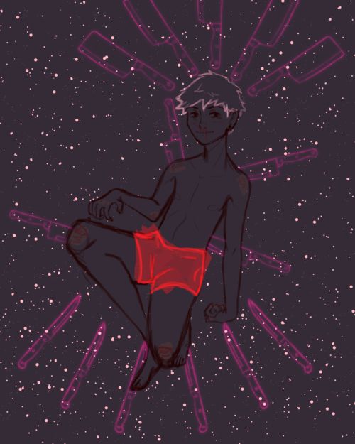Old version of the previous drawing. A younger looking guy, is surrounded by darker space and bright stars, he looks more calm though his nose is still bleeding. He is surrounded by neon magenta kitchen knives and wearing neon red boxers. 