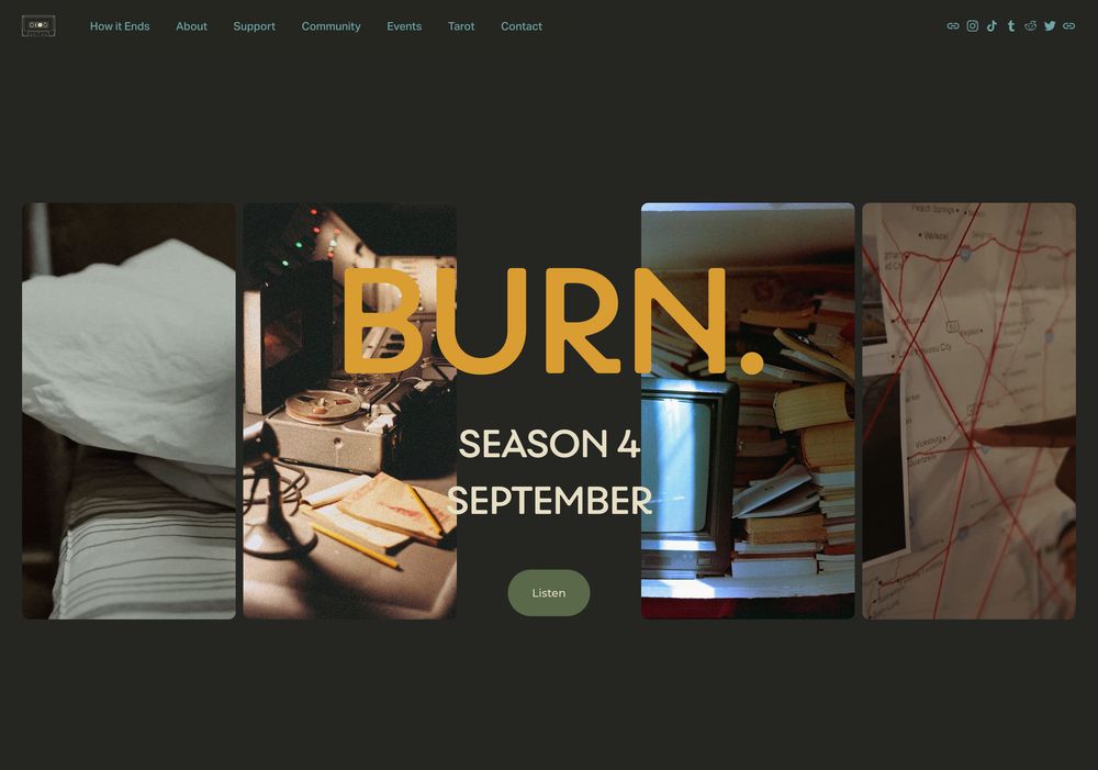 Dark-themed website banner with "BURN. SEASON 4 SEPTEMBER" text. Background: pillow, tape recorder, books, and a map with red strings. Mysterious tone.