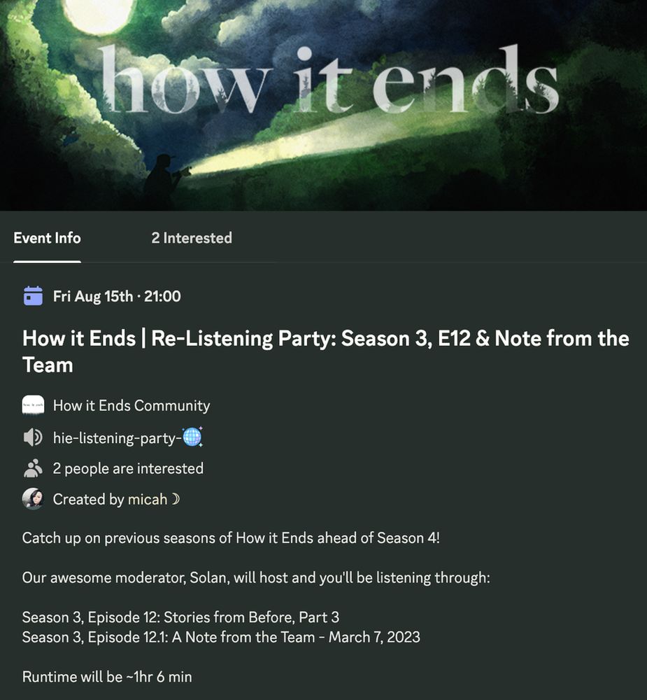 Dark, moody event banner for "How it Ends" re-listening party. Features a silhouette in a misty forest with glowing text in the sky. Event details below.