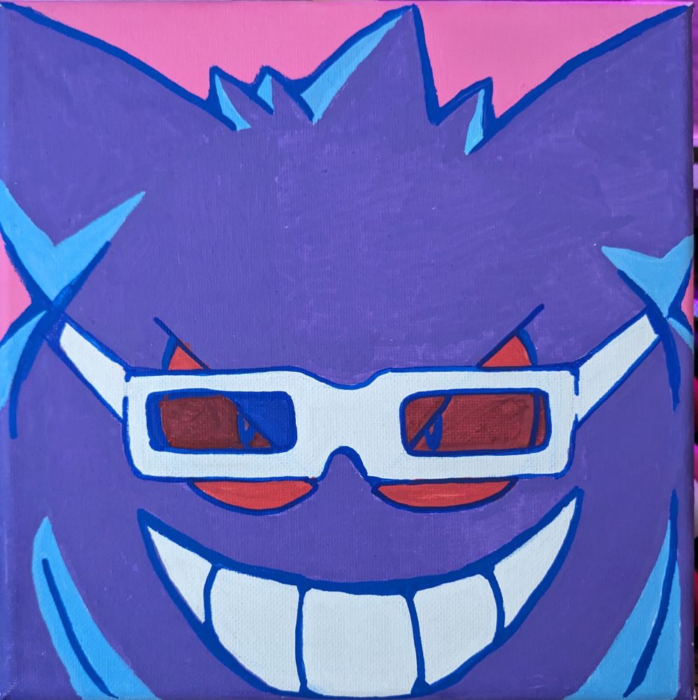 A photo of a 8 inch by 8 inch acrylic painting. The Pokemon Gengar is staring straight at the viewer from the waist up. It's wearing a pair of 3D glasses and is lit up from below.
