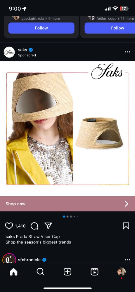 This is, basically, what looks like 2/3 lampshade and 1/3 bubble backpack for cats, on a woman’s head, held up by some unclear force of physics 