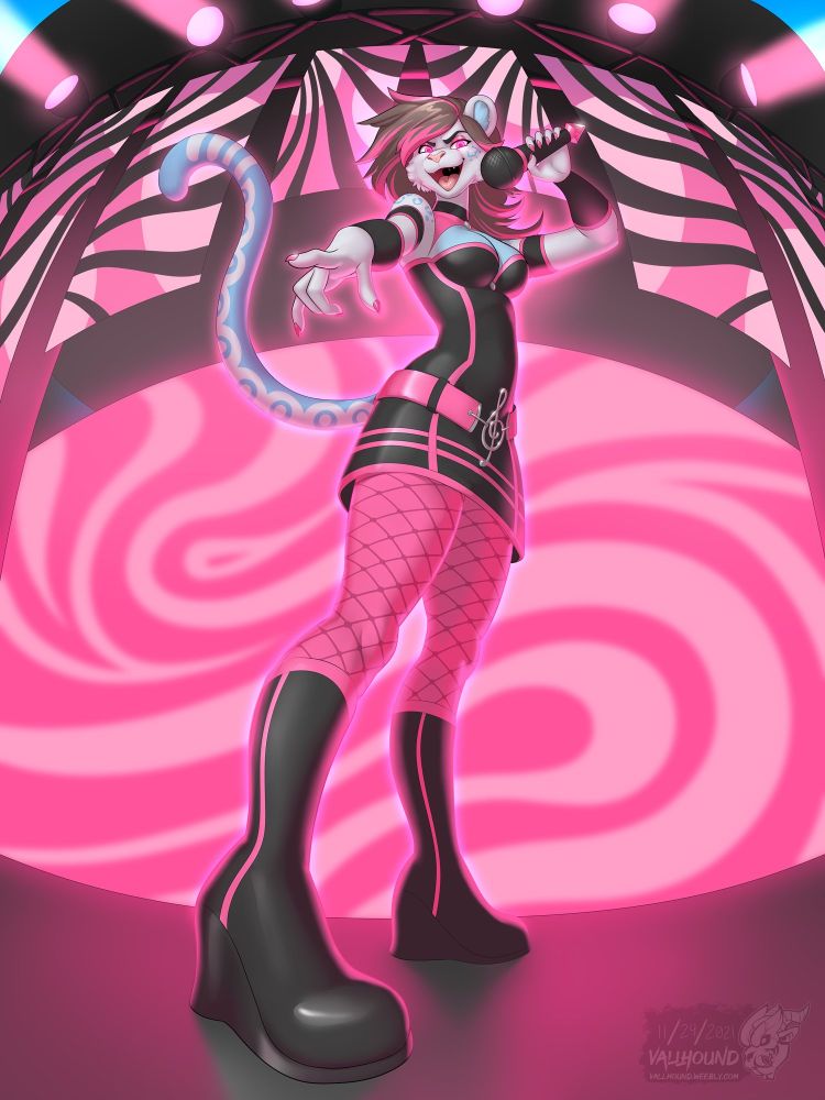 Angelica, brainwashed and wearing a pink version of her outfit, standing on a stage decorated in pink and black banners. She looks down at the viewer, one boot forward to catch their eyes, with an evil look on her face and a mic to her mouth. 