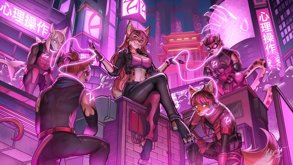 Zaide, sitting on a rooftop with a skyline around her doused in her branding and pink glow.

Around her stand silhouettes of many heroes, with four characters in detail kneeling before her with their eyes glowing.

A shark, Kiyn
A cat, Harley
A fox, Stormwave
A leopard, Ash

All four sport branded, black and pink outfits with the Z glowing bright. All also have magical leashes, looped around their neck and flowing back to Zaide's palms.