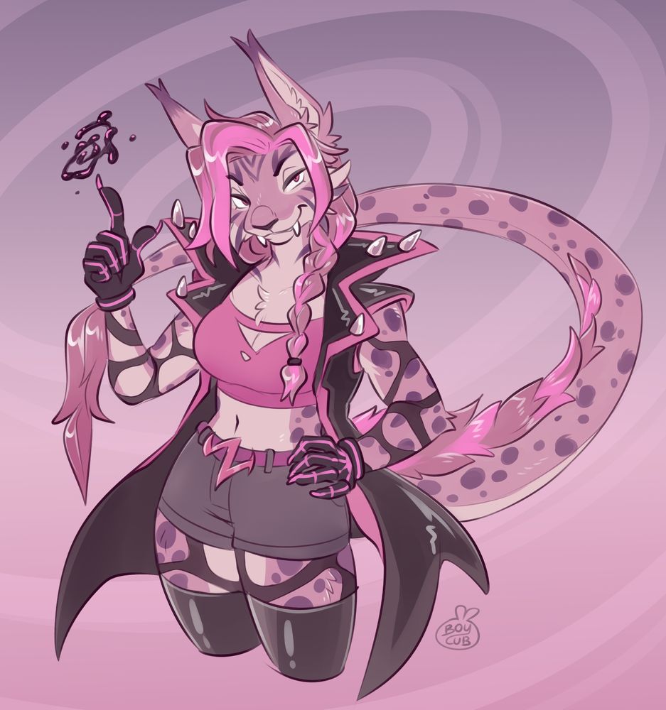 Zaide, with a dragon tail and villainous outfit, staring at the viewer as goo swirls above her pointed finger