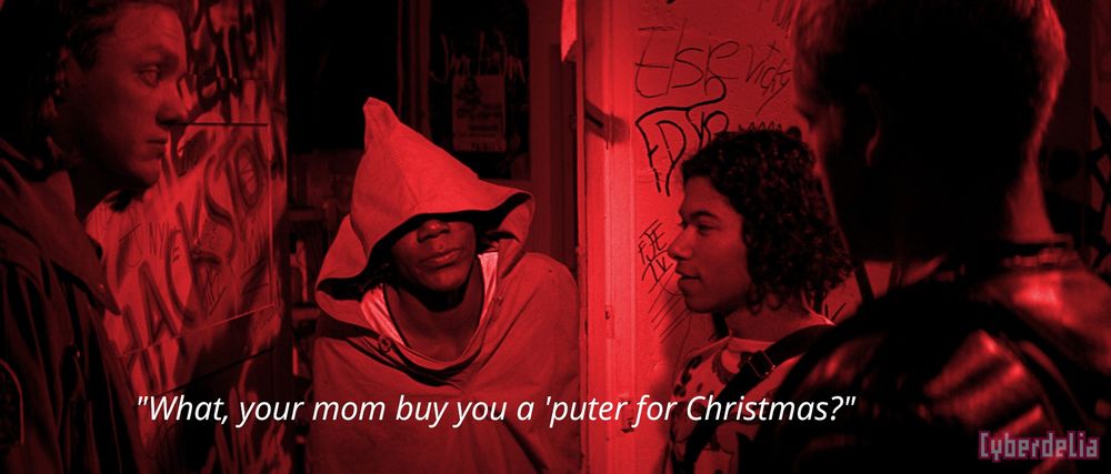 Hackers quote on red-tinged scene of characters Cereal Killer, Phantom Phreak and Dade
Murphy standing at Lord Nikon's door: "What, your mom buy you a 'puter for Christmas?" (Image by CyberdeliaNYC)