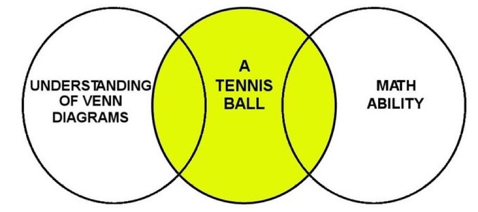 A Euler diagram showing a circle on the left with “Understanding of Venn diagrams” and a circle on the right with “Math(s) ability”
Both circles create the shape of a yellow tennis ball in the centre.