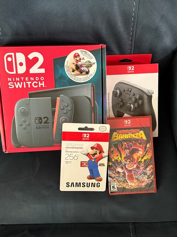Nintendo Switch 2 console with Mario Kart and Donkey Kong Bananza.