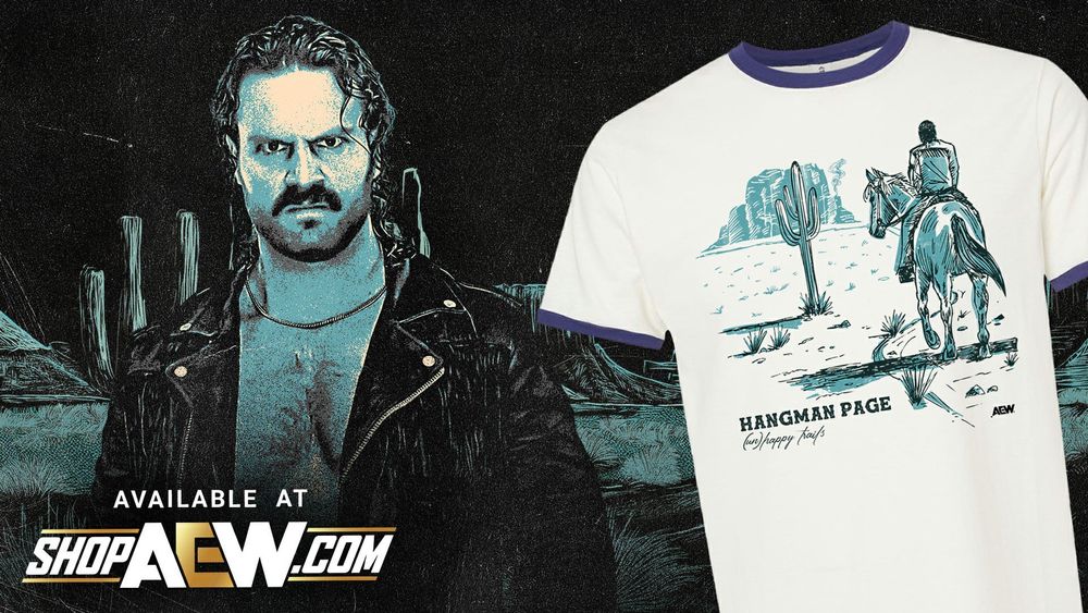 promotional imagery for a shirt, hangman riding a horse in (presumably) assless chaps, featuring a cactus and desert and those rings around the head and arm holes