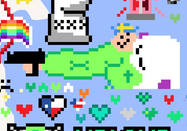 My pixel art of a very muscular fren with his left side suckled by a chat. A heart, originally was agender and then gay, has been changed by other users, so I have painted a Texas flag within the heart.