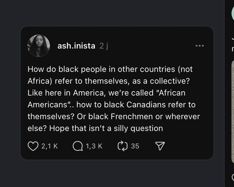 Post du réseau Thread, d’une femme afro-américaine qui demande comment les personnes noires se désignent dans les autres pays. Elle donne des exemples « black canadians » « black frenchmen »