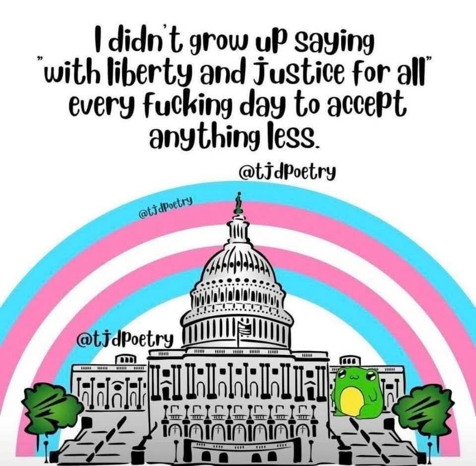 Illustration by @tjdpoetry of the U.S. Capitol with a Transgender Pride rainbow above it. Caption reads "I didn't grow up saying With Liberty And Justice For All every fucking day to accept anything less"