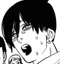cropped panel of aki sweating and shocked with thick eyebags after watching power run over denji and a fake kurose.