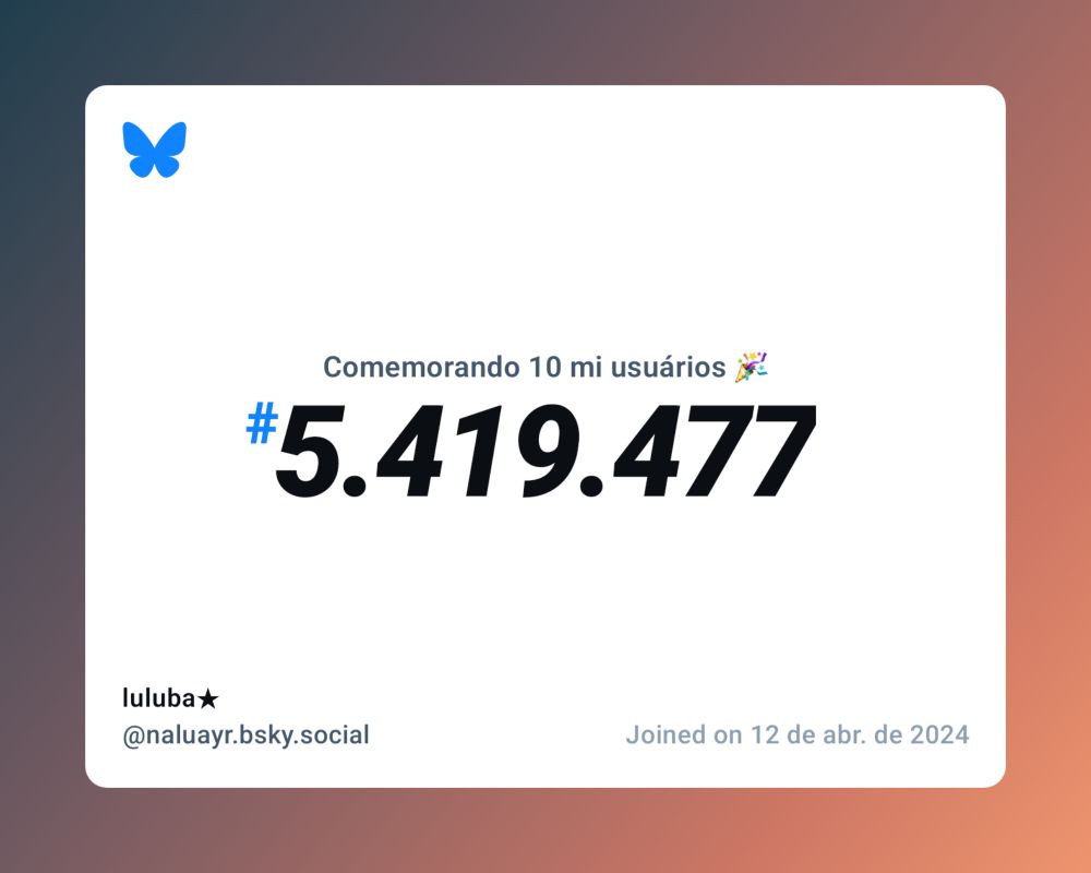 Um certificado virtual com o texto "Comemorando 10 milhões de usuários no Bluesky, #5.419.477, luluba★ ‪@naluayr.bsky.social‬, ingressou em 12 de abr. de 2024"