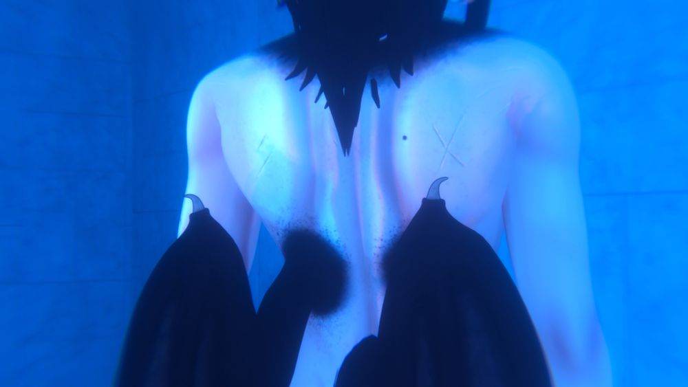 The defined back of a 3D demon Vtuber, featuring some little dark wings!