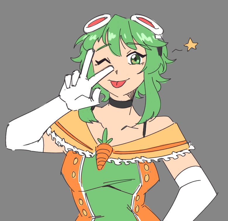 A drawing of Gumi (vocaloid) doing a winky face and a somewhat peace sign under her eye.