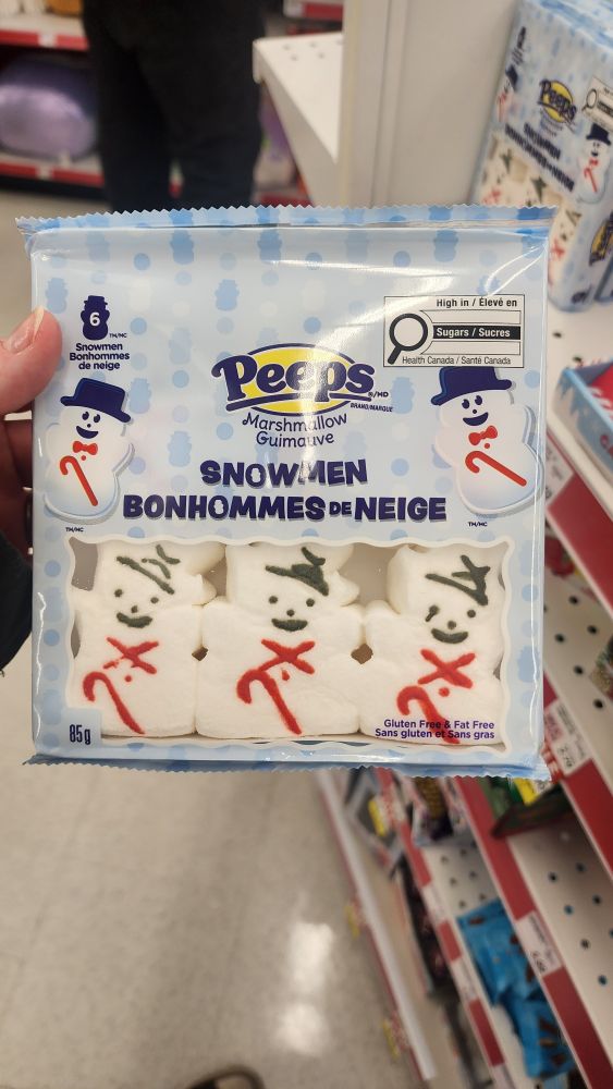 A package of snowman peeps at the store