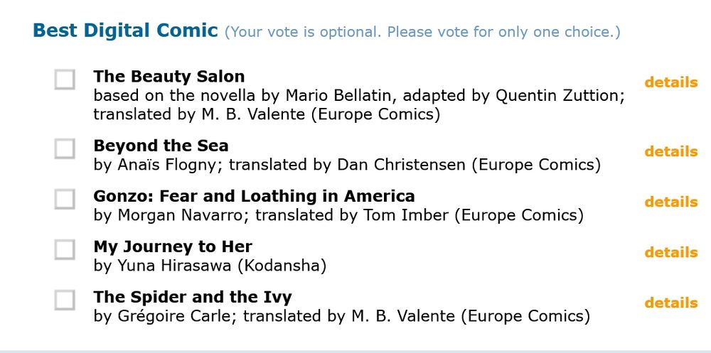 List of Eisner Award nominees for Best Digital Comic, which includes The Beauty Salon by Quentin Zuttion and The Spider and the Ivy by Grégoire Carlé