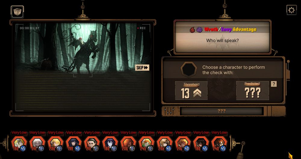 A screenshot from Limbus Company. It's a Wrath/Envy roll check. All 12 characters have a Very Low chance of success.