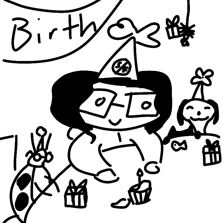 Drawing of me celebrating my birthday with various animals, including a nerdy ladybug, snoopy, a cat, and a spider. They all have gifts.