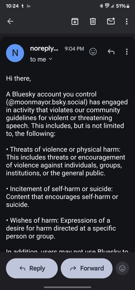 A screenshot of an email from bluesky moderation, telling me that a post I made violated violation or threatening speech 